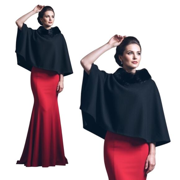 Talbots Jackets & Blazers - Talbots Black Faux Fur Trim Asymmetrical Hem Cape Poncho Women XS/S Formal Wear